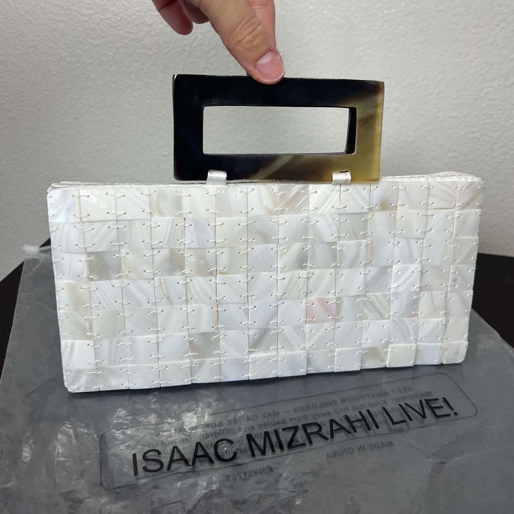 Faux Iridescent Shell Clutch Purse with Faux Bamboo Handle